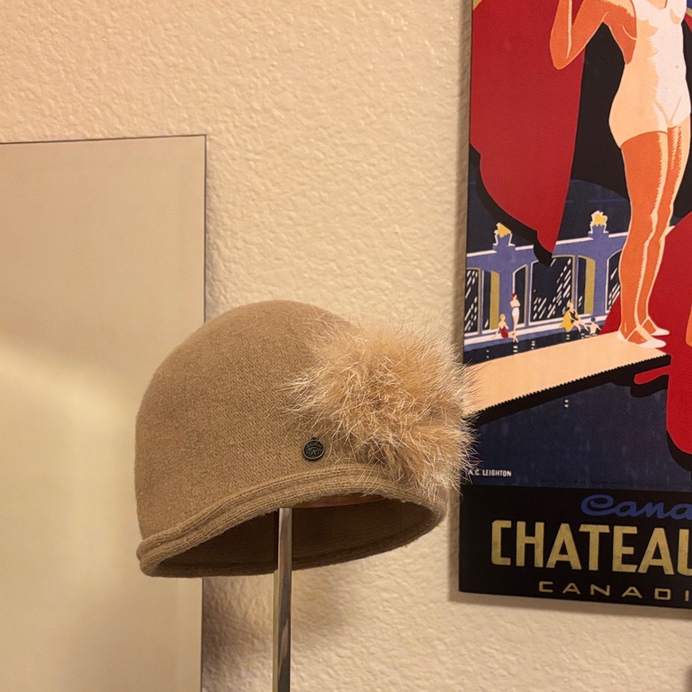 Stylish Tan Hat with Fur Pom